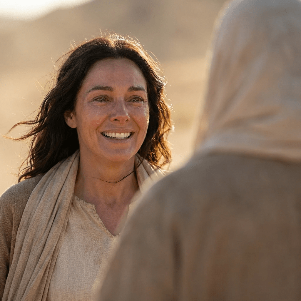 Woman running to embrace a figure resembling Jesus in a dusty, sunlit landscape.