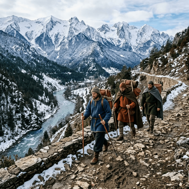 Three travelers on an ancient Roman road