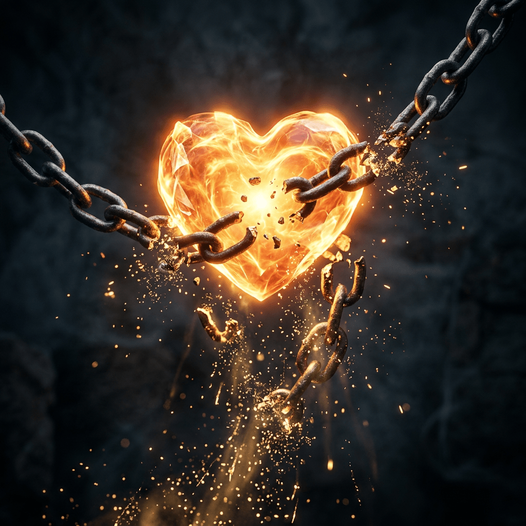 Fiery heart breaking metal chains with sparks and fragments flying