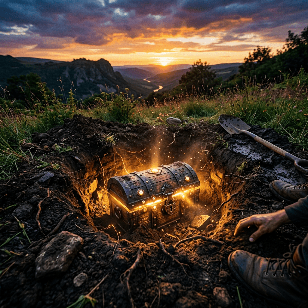 Glowing locked treasure chest glowing inside a freshly dug hole outdoors at sunset