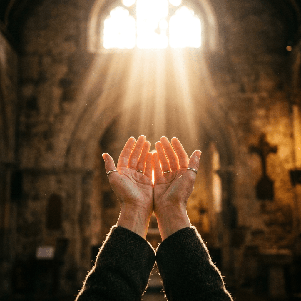 Pair of hands raised upward in prayer with sunlight streaming through a church window