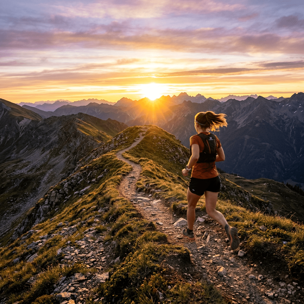 Person running on a mountain trail at sunset with a scenic mountainous landscape