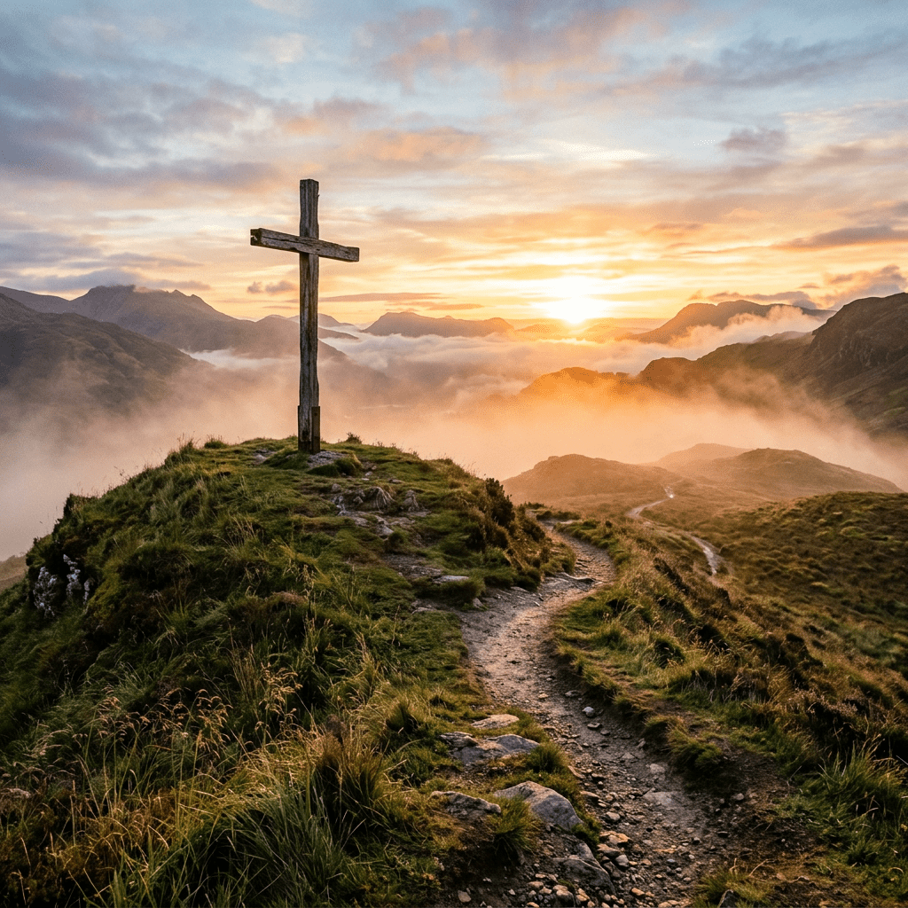 Wooden cross on grassy mountain ridge with sunrise and clouds in background