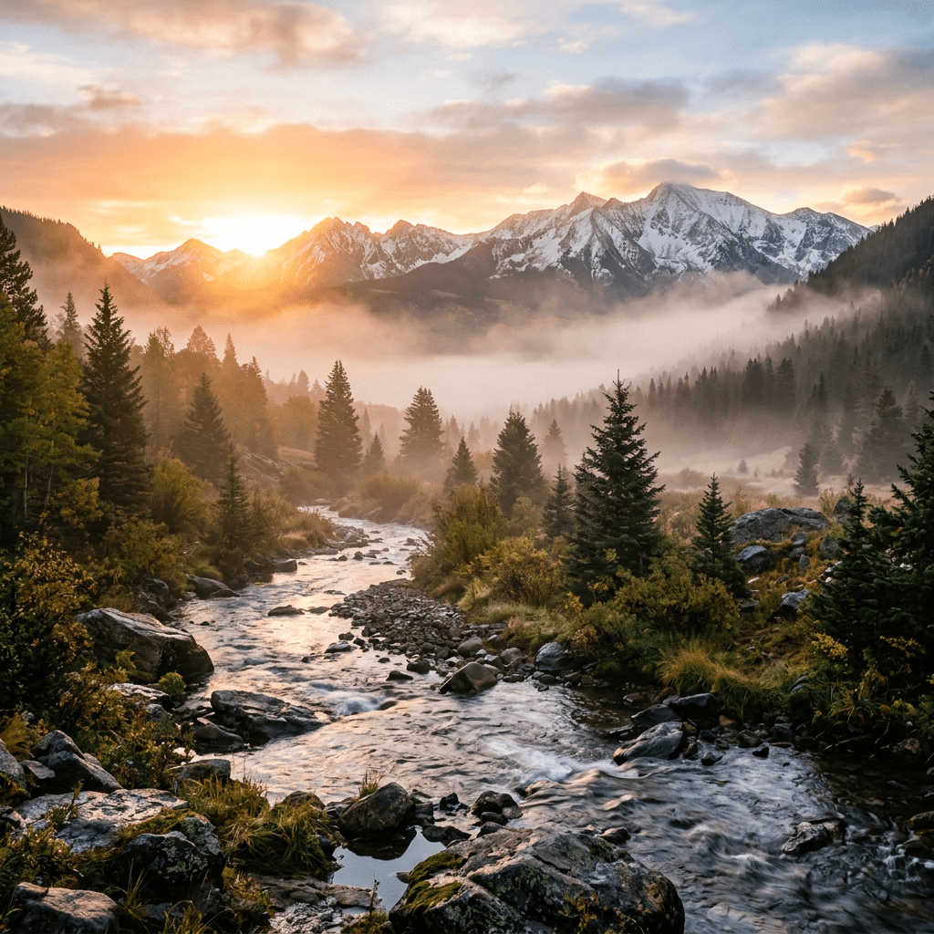 Mountain river flowing through pine forest with morning mist and snow-capped peaks