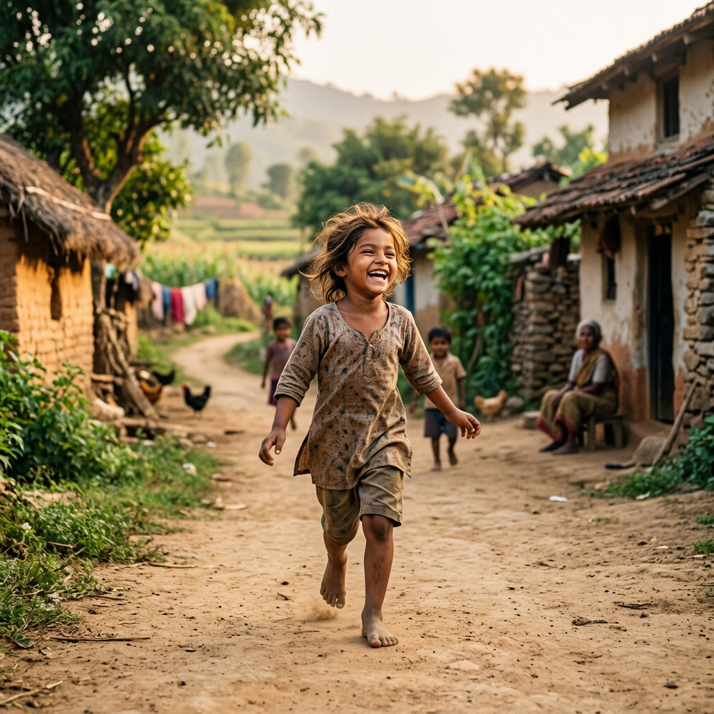 Laughing child running barefoot along a rural village path