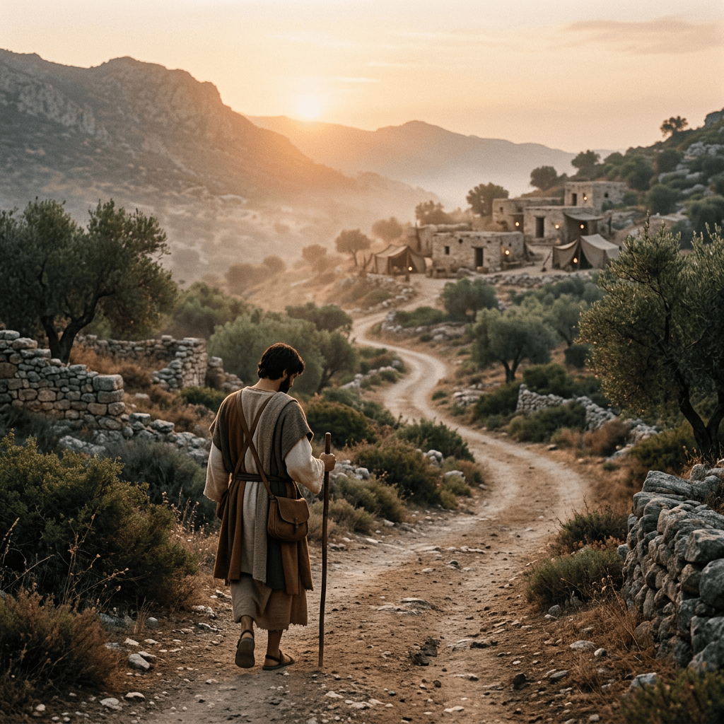Traveler walking toward a mountain village on a winding path at sunset