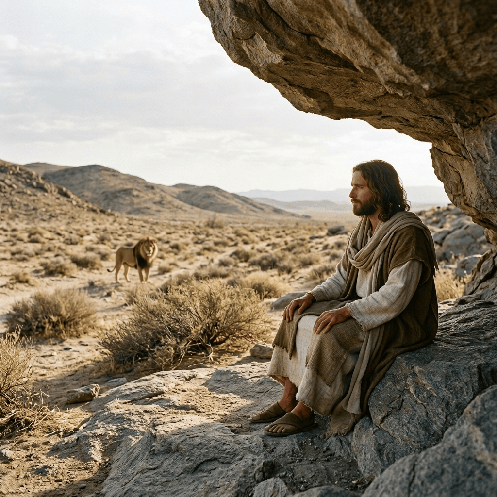 Bearded robed man seated beneath a rocky overhang with a lion nearby