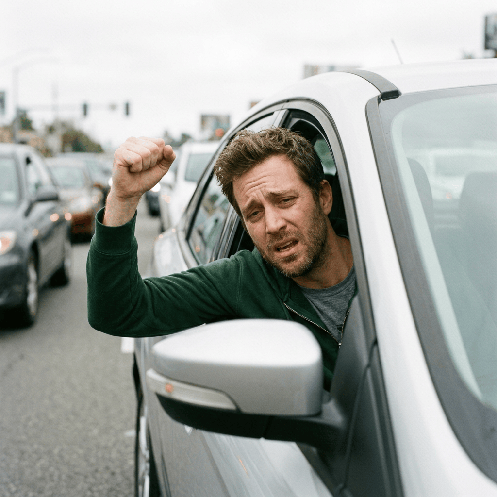Driver shifting from anger to regret